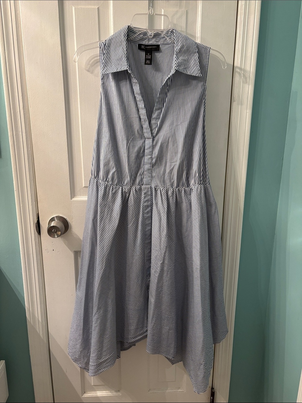 INC International Concepts Blue & White Striped Sleeveless Collared Dress